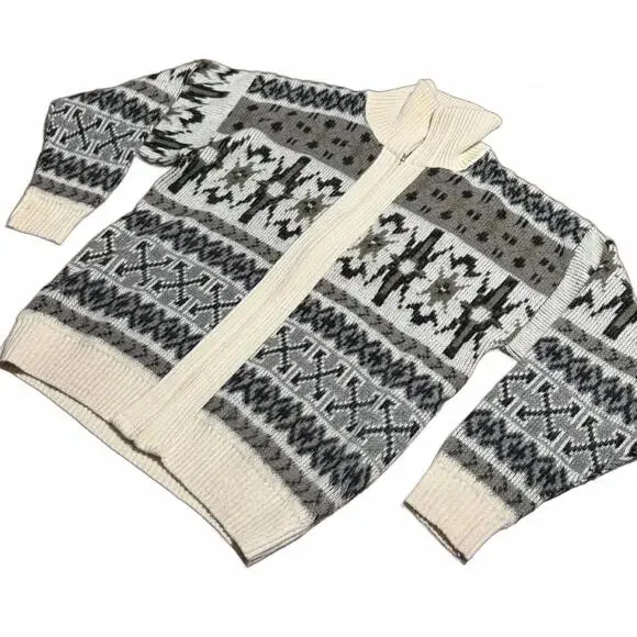 London Fog L XL Vintage Full Zip Ski Sweater Nordic Aztec Snowflake 70s 80s - Picture 3 of 10
